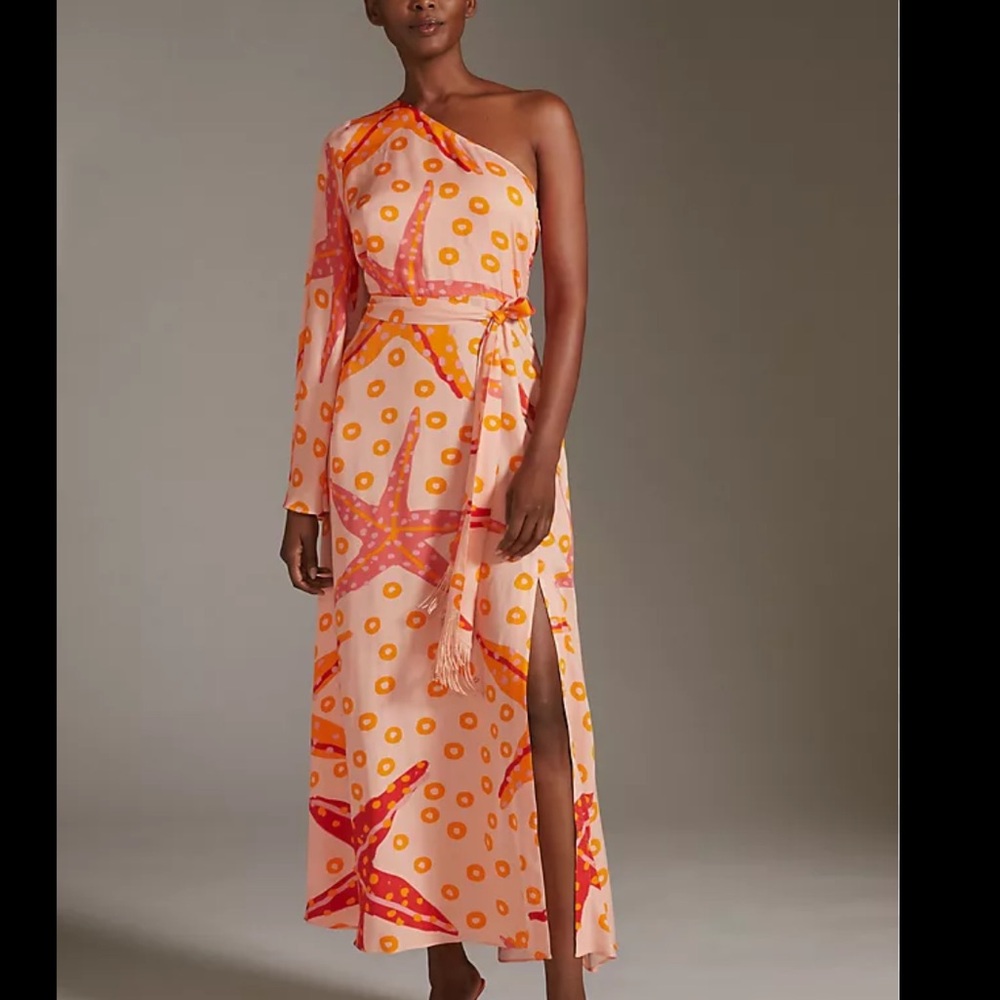 Farm Rio Anthropologie One Shoulder Starfish Maxi
Dress Side Slit Orange XS
